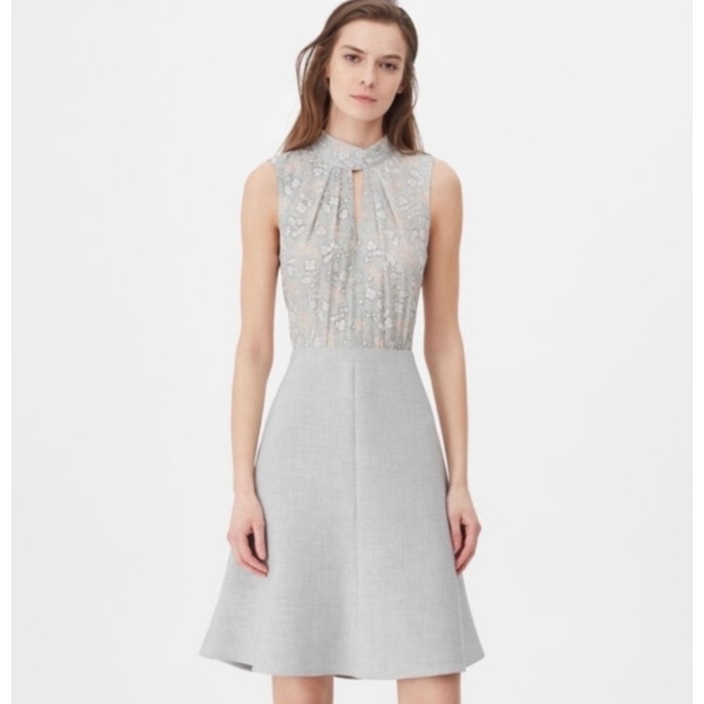Tailored Rebecca Taylor Grey Silk Floral High Neck Fit & Flare Dress Size 6
